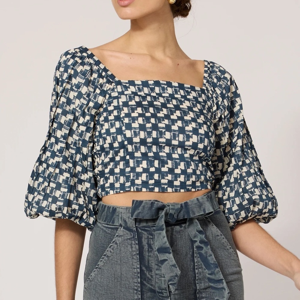 Colonels Puff Sleeve Patterned  Blue and White Women's Top